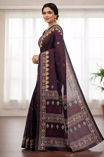 Wine sambalpuri, ikkat soft pure cotton saree with blouse.