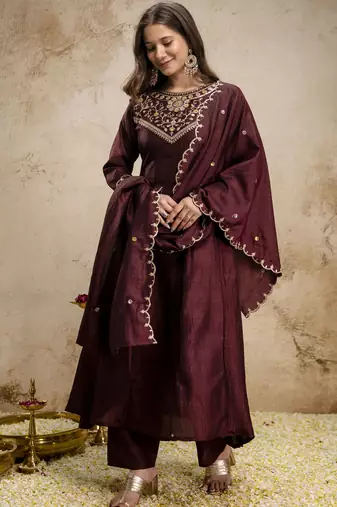 Trending coffee embroidered flared vichitra silk blend kurta pant set with dupatta for women