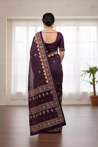 Wine sambalpuri, ikkat soft pure cotton saree with blouse.