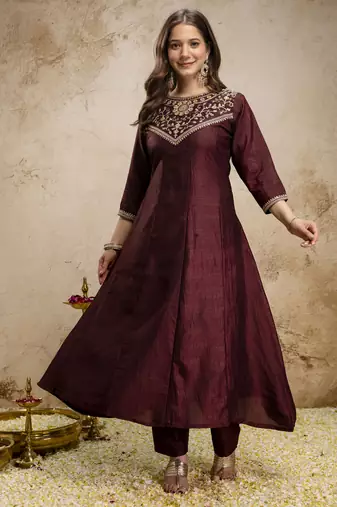 Trending coffee embroidered flared vichitra silk blend kurta pant set with dupatta for women