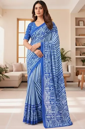 Blue striped print soft pure cotton saree with blouse.