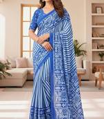 Blue striped print soft pure cotton saree with blouse.
