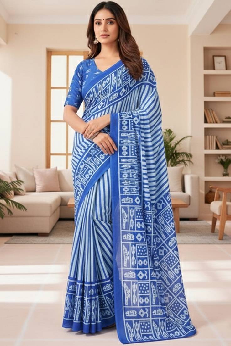 Blue striped print soft pure cotton saree with blouse.