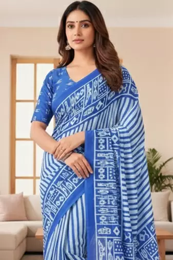 Blue striped print soft pure cotton saree with blouse.