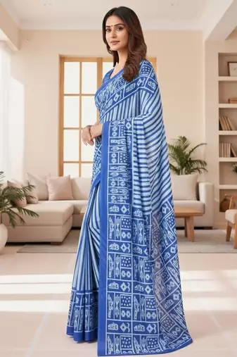 Blue striped print soft pure cotton saree with blouse.