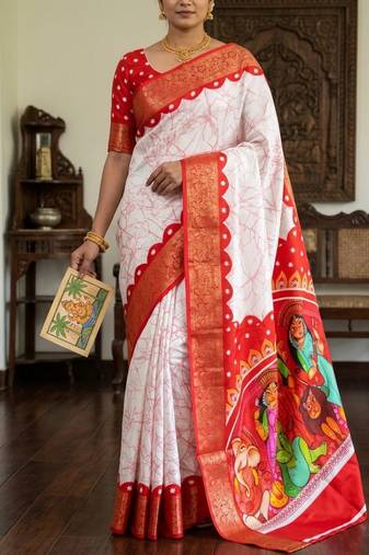 White Color Digital printing Durga Pooja Work Lichi Silk Saree