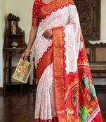 White Color Digital printing Durga Pooja Work Lichi Silk Saree