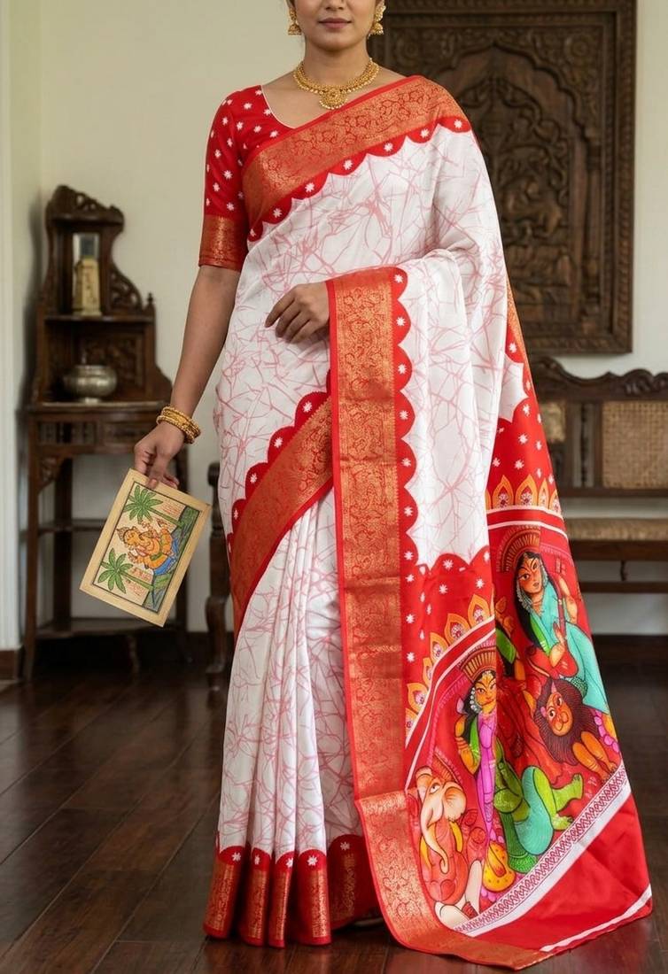 White Color Digital printing Durga Pooja Work Lichi Silk Saree