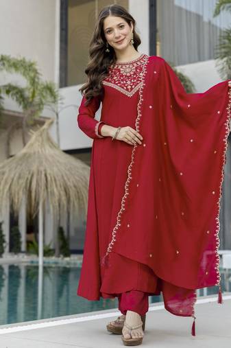 Trending red embroidered flared vichitra silk kurta pant set with dupatta for women