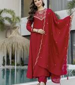 Trending red embroidered flared vichitra silk kurta pant set with dupatta for women