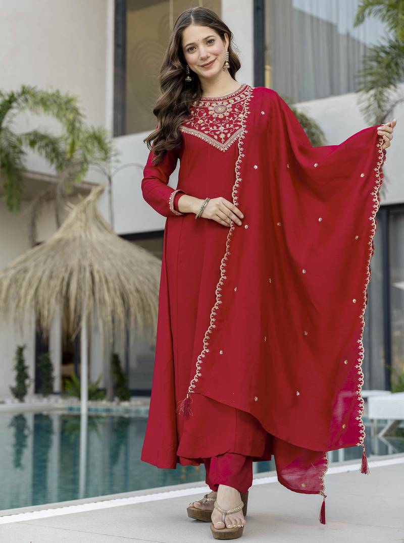 Trending red embroidered flared vichitra silk kurta pant set with dupatta for women