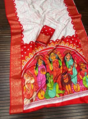 White Color Digital printing Durga Pooja Work Lichi Silk Saree 2