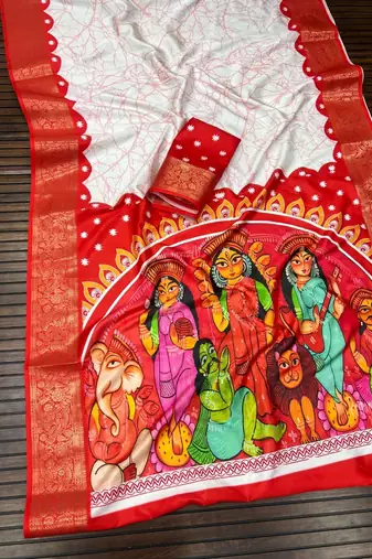 White Color Digital printing Durga Pooja Work Lichi Silk Saree
