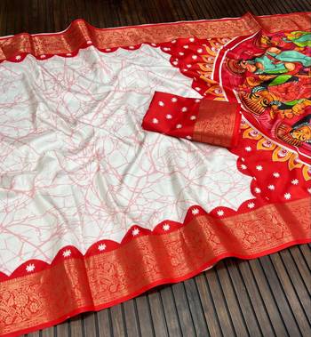 White Color Digital printing Durga Pooja Work Lichi Silk Saree 3
