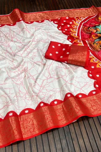 White Color Digital printing Durga Pooja Work Lichi Silk Saree