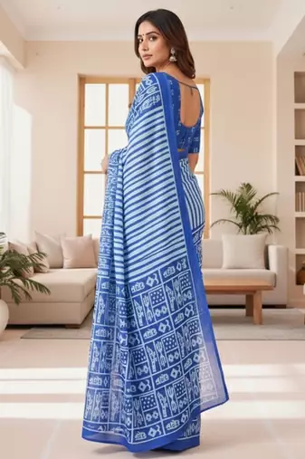 Blue striped print soft pure cotton saree with blouse.