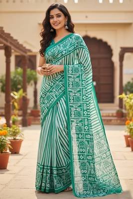 Green striped print soft pure cotton saree with blouse. 1