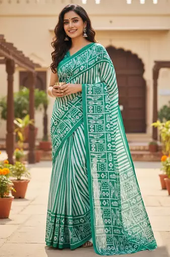 Green striped print soft pure cotton saree with blouse.
