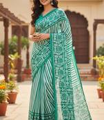 Green striped print soft pure cotton saree with blouse.