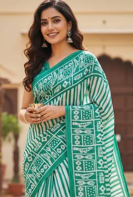 Green striped print soft pure cotton saree with blouse. 2