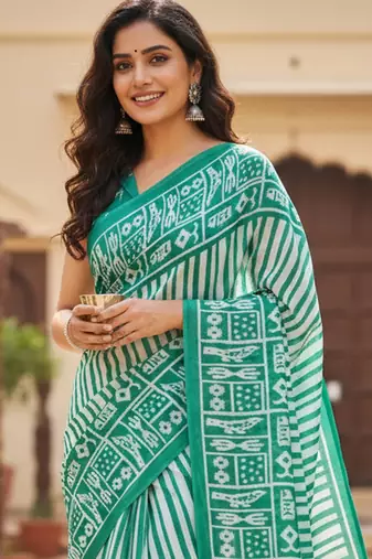 Green striped print soft pure cotton saree with blouse.