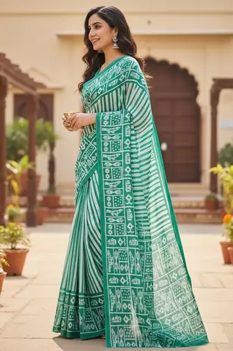 Green striped print soft pure cotton saree with blouse.
