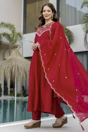 Trending red embroidered flared vichitra silk blend kurta pant set with dupatta for women