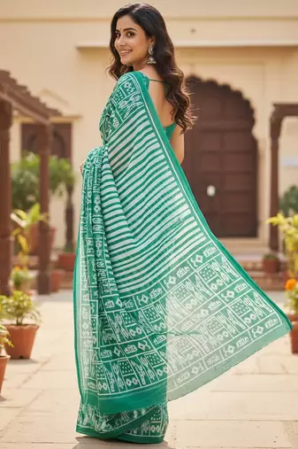 Green striped print soft pure cotton saree with blouse.