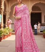Pink striped print soft pure cotton saree with blouse.