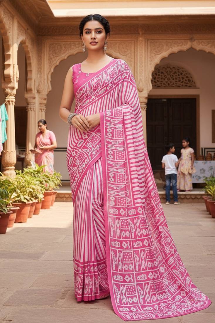 Pink striped print soft pure cotton saree with blouse.