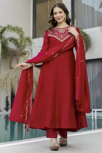 Trending red embroidered flared vichitra silk blend kurta pant set with dupatta for women