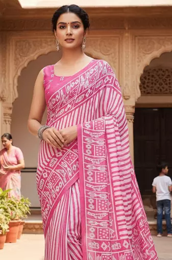 Pink striped print soft pure cotton saree with blouse.