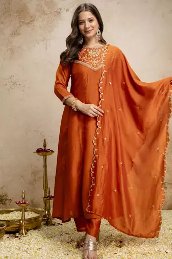 Trending orange embroidered flared vichitra silk kurta pant set with dupatta for women