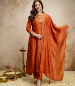Trending orange embroidered flared vichitra silk kurta pant set with dupatta for women