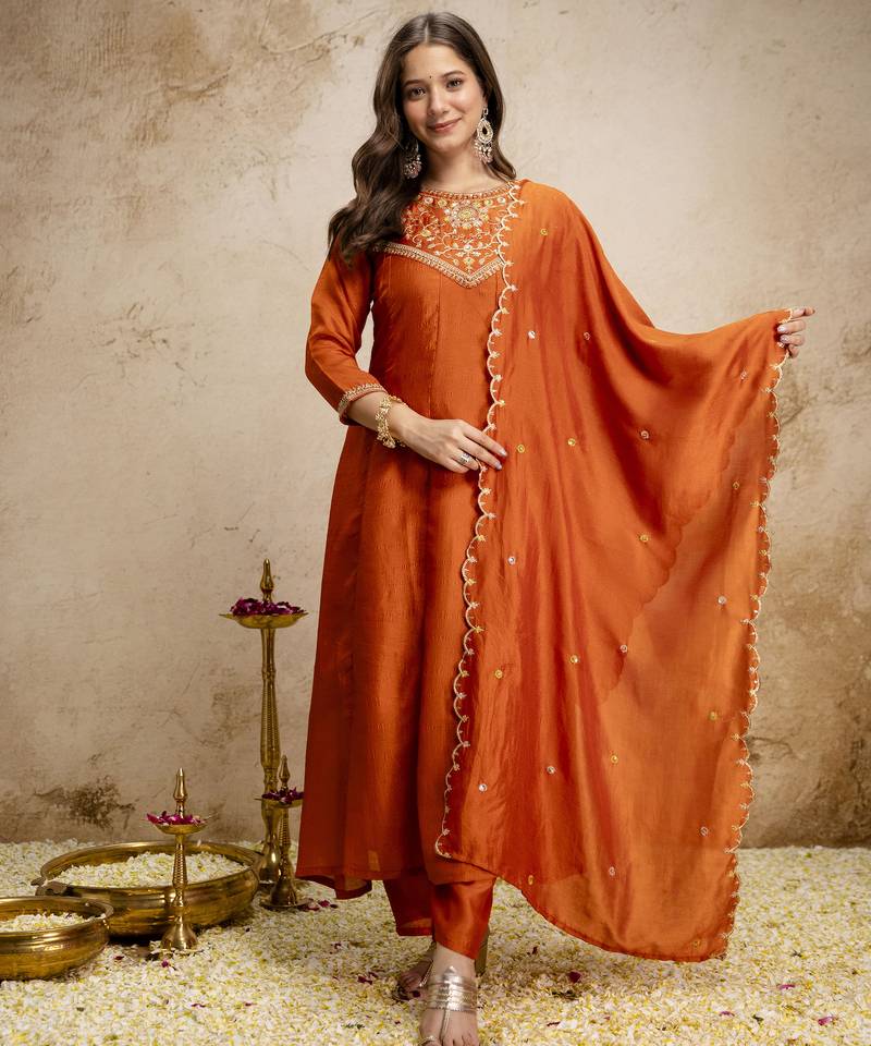 Trending orange embroidered flared vichitra silk kurta pant set with dupatta for women