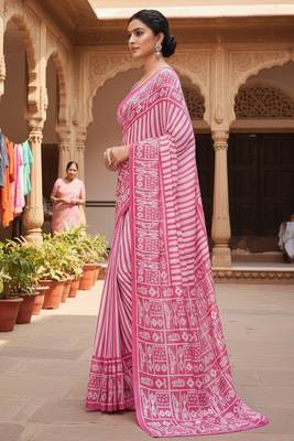 Pink striped print soft pure cotton saree with blouse. 3