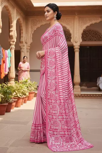 Pink striped print soft pure cotton saree with blouse.