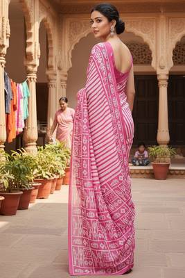 Pink striped print soft pure cotton saree with blouse. 4