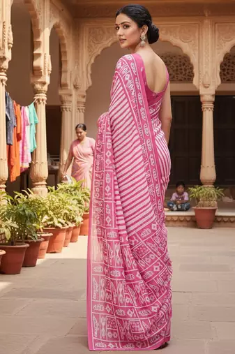Pink striped print soft pure cotton saree with blouse.