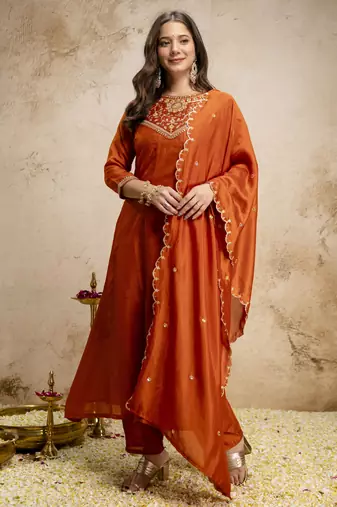 Trending orange embroidered flared vichitra silk blend kurta pant set with dupatta for women