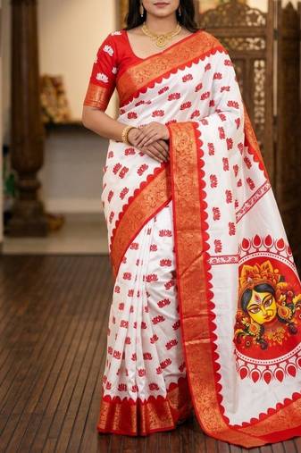 White Color Digital printing Durga Pooja Work Lichi Silk Saree