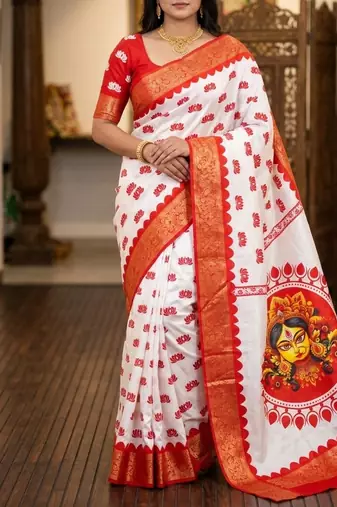 White Color Digital printing Durga Pooja Work Lichi Silk Saree