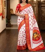 White Color Digital printing Durga Pooja Work Lichi Silk Saree