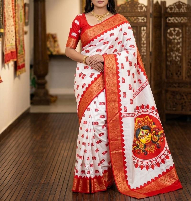 White Color Digital printing Durga Pooja Work Lichi Silk Saree