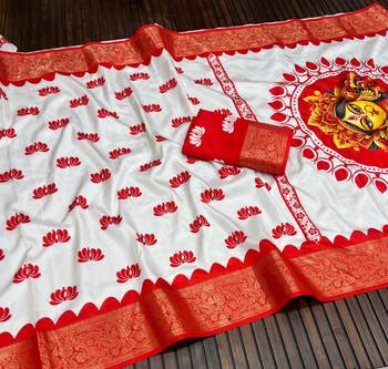 White Color Digital printing Durga Pooja Work Lichi Silk Saree 2