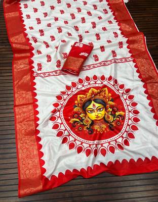 White Color Digital printing Durga Pooja Work Lichi Silk Saree 3