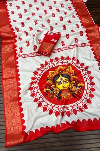 White Color Digital printing Durga Pooja Work Lichi Silk Saree