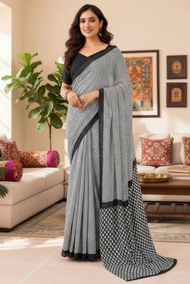 Grey striped print soft pure cotton saree with blouse. 1