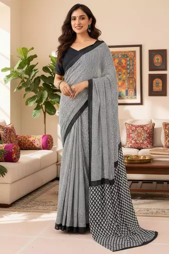 Grey striped print soft pure cotton saree with blouse.
