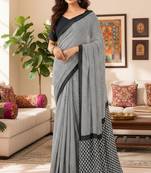 Grey striped print soft pure cotton saree with blouse.